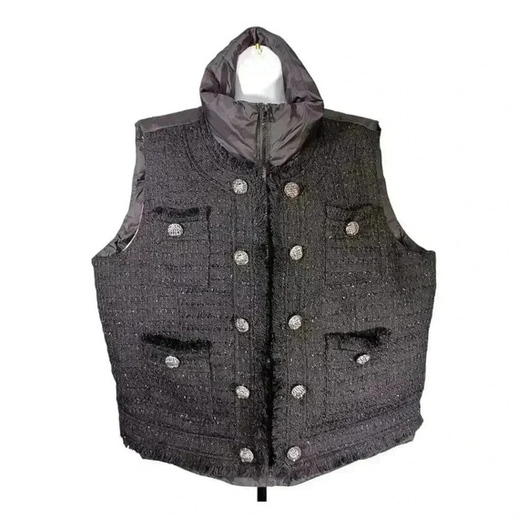 Urban Revivo Down Wool Puffer Coat Tweed Sleeveless Black Women's Large - Picture 1 of 4